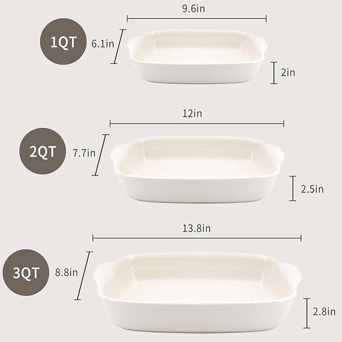 3-Pack Ceramic Baking Dishes Set,Heavy-Duty Oven-Safe Stoneware,Deep Rectangular Casserole Pans for Lasagna & Baking,High Heat Resistant,Handcrafted Glazed Finish (13.8''/12''/9.6'' Pure Off-White)