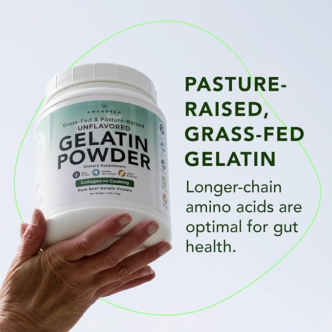 AMANDEAN Premium Gelatin Powder XL. Grass-Fed Beef Collagen Protein Supplement. Unflavored. Healthy Skin, Hair, Nails, & Gut. Paleo Friendly Cooking and Baking. 18 Amino Acids. Non-GMO.