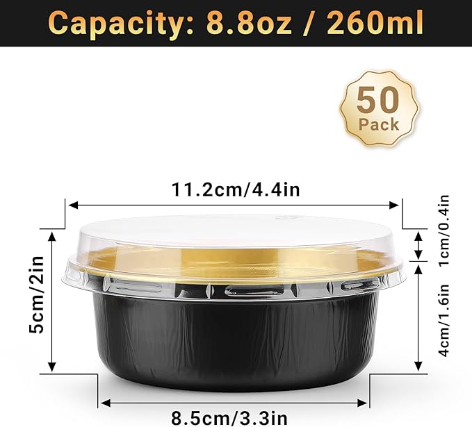 Beasea Disposable Ramekins with Lids, 50 Pack 8.8oz 260ml 4 Inch Disposable Aluminum Foil Cups Round Cupcake Mini Pudding Baking Cups for Party - Black Gold