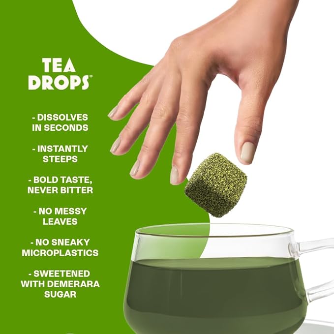 Tea Drops Lightly Sweetened Organic Tea Bulk Box | Matcha Green Tea | Iced or Hot Bagless Instant Tea Beverages Gift Set | Includes Premium Organic Japanese Matcha Powder | 10 Drops per Box