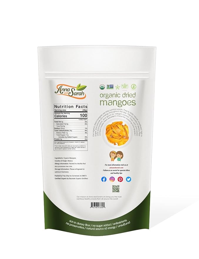 Anna and Sarah Dried Organic Mango, No Sugar Added, No Preservatives, Al-Natural, Premium Quality in Resealable bag 3 Lbs