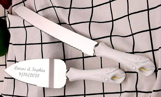 GIFTS INFINITY® Personalized Wedding Cake Knife and Server Set ??Free Engraving (Lily) | Custom Engraved Dessert Cutting Utensils for Bridal/Baby Shower, Anniversary, Engagement, Birthday
