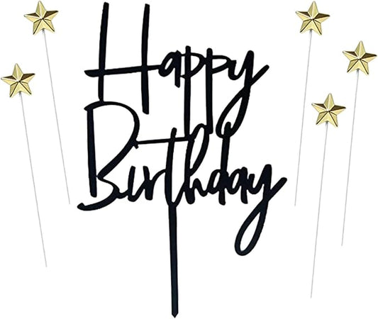 ZHENGYE Set of 1 Black Acrylic Happy birthday Cake Topper And 5 pcs glod Star Cupcake Topper Cake Decoration Supplies for Baby Shower Birthday Decorations(Black 15)
