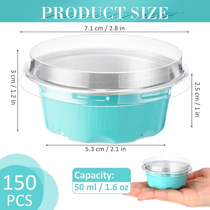Eaasty 150 Pcs Baking Cups with Lids, 1.6 oz Muffin Cupcake Liners Aluminum Foil Mini Cake Pans Small Disposable Ramekin Flan Containers with Lids for Christmas, Birthday, Various Holiday (Light Blue)