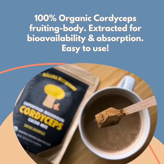 Malama Organic Mushroom Hot Cacao Mix, Cordyceps Mushroom Powder with Fair Trade Cacao, Supports Energy & Immune Health ??Vegan Supplement & Superfood, Non GMO, 3.5 oz (50 Servings)