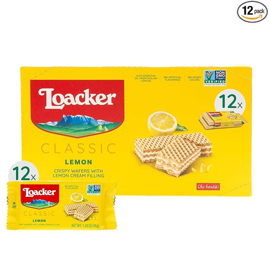 Loacker Classic Lemon Wafers - Premium Crispy Wafer Cookies with Lemon Cream Filling - Multipack of 12 Snack Packs - NON-GMO - Sicilian Lemons - 45g/1.59oz, Pack of 12