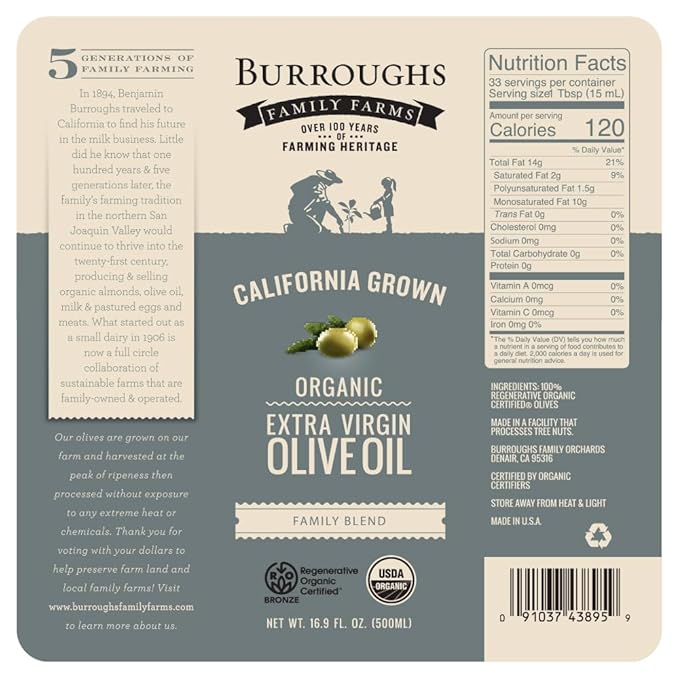 Burroughs Family Farms Premium Organic Extra Virgin Olive Oil ??Cold-Pressed California EVOO, Polyphenol Rich Family Blend ??Regenerative Organic & USDA Certified, Non-GMO, Gluten-Free ??500ml (16.9 fl oz) 2 Glass Bottle