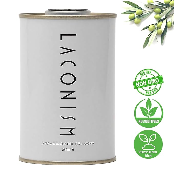 Pack of 2 Extra Virgin Olive Oil Tin, Great Taste Cold Pressed, Intense Flavor, Contains Polyphenols Rich Olive Oil from the Land of Laconia 2X250ml Tin