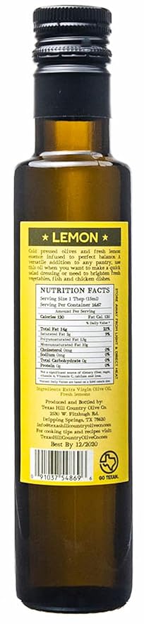 Texas Hill Country Olive Co Lemon Infused Olive Oil - Cold Pressed Gourmet EVOO Olive Oil - Great for Dressing Dipping Marinade - No Artificial Flavors or Added Sugar - Made in Texas (8.5 oz)