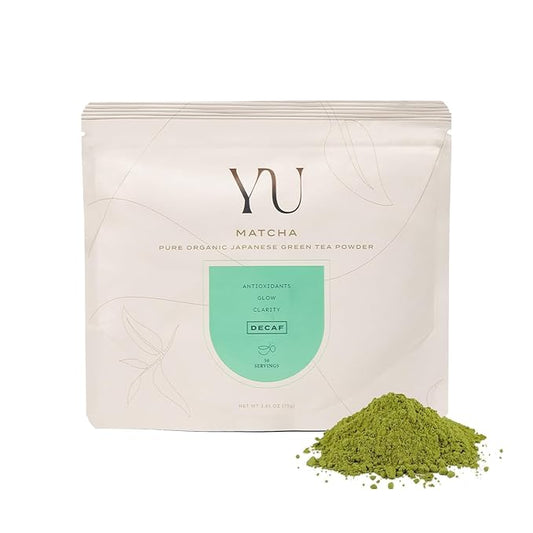 Yu Tea Organic Decaf Matcha Powder Ceremonial Grade | Rich in Antioxidants & L-Theanine, Low Caffeine | Unsweetened Grade A Japanese Green Tea Powder | Resealable Pouch, 2.65 oz, 50 Servings