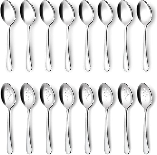 BEWOS 16-Piece Serving Spoons Set - Set of 8 Serving Spoons, Set of 8 Slotted Spoons, 9.1-Inch Utensils Set for Parties, Stainless Steel, Dishwasher Safe, Large Spoon For Buffet