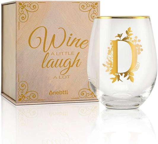 Onebttl Unique Stemless Wine Glasses, Initial Wine Cup for Red or White Wine - 18oz, Monogrammed, Gold - for Women, Girls, Female, Her, Friends, Coworkers, Clients - for Birthday, Christmas