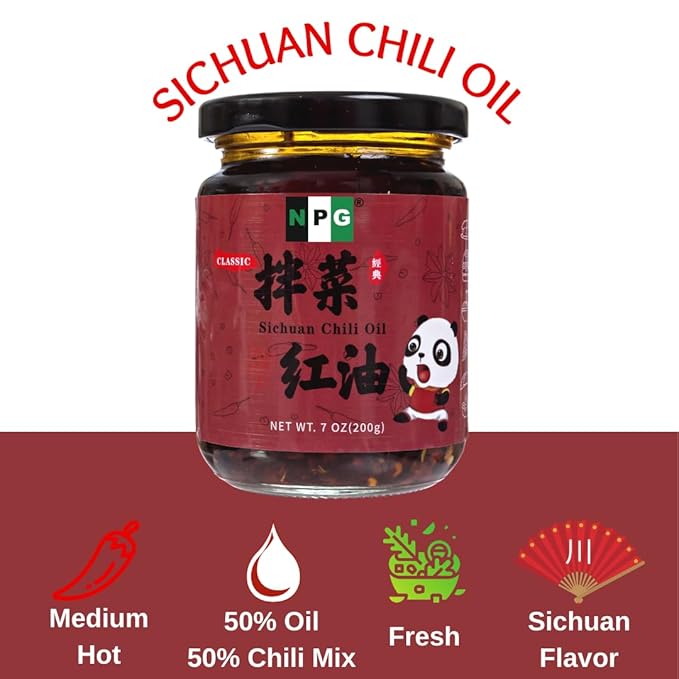 NPG Sichuan Chili Crisp Oil 7 oz, Chili Crunch Sauce with Medium Hot for Noodle, Rice, Egg, Dumpling, Premium Spicy Condiment