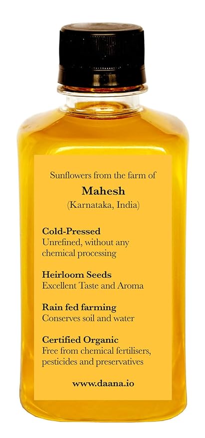 Daana Sunflower Oil: Certified USDA Organic, Extra Virgin, Cold Pressed, High Oleic, Non-GMO. Healthy Oil for Cooking, Baking, Frying, Hair and Skin Care. Pesticide and Chemical Free (12 oz)