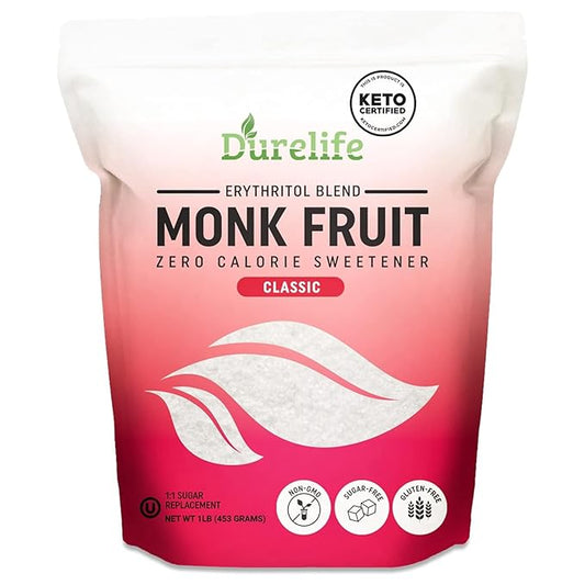 Durelife Monk Fruit Sweetener, Sugar Substitute, Keto Diet Friendly, Zero Calorie, White Sugar Substitute, Classic White - 1 lb (Packaging May Vary)