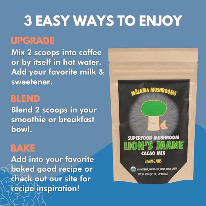 Malama Organic Mushroom Hot Cacao Mix, Lion's Mane Mushroom Powder with Fair Trade Cacao for Focus, Memory, & Immune Support ??Vegan Supplement & Superfood, Non GMO, 3.5 oz (50 Servings)