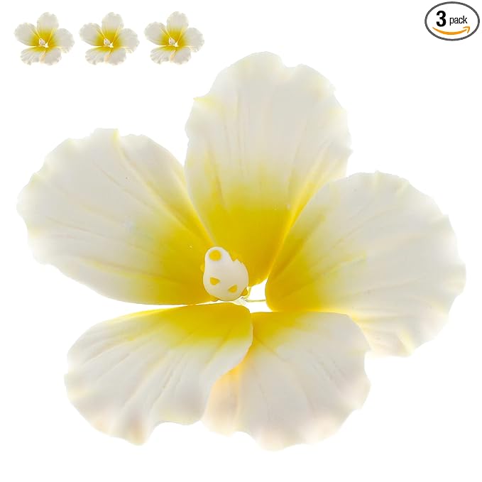 Global Sugar Art Hibiscus Sugar Cake Flowers, White with Yellow, Hawaiian Cake Flower Large 3 Count by Chef Alan Tetreault
