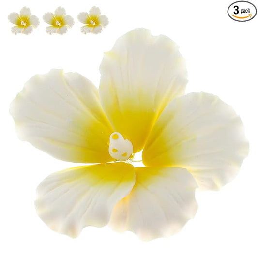 Global Sugar Art Hibiscus Sugar Cake Flowers, White with Yellow, Hawaiian Cake Flower Large 3 Count