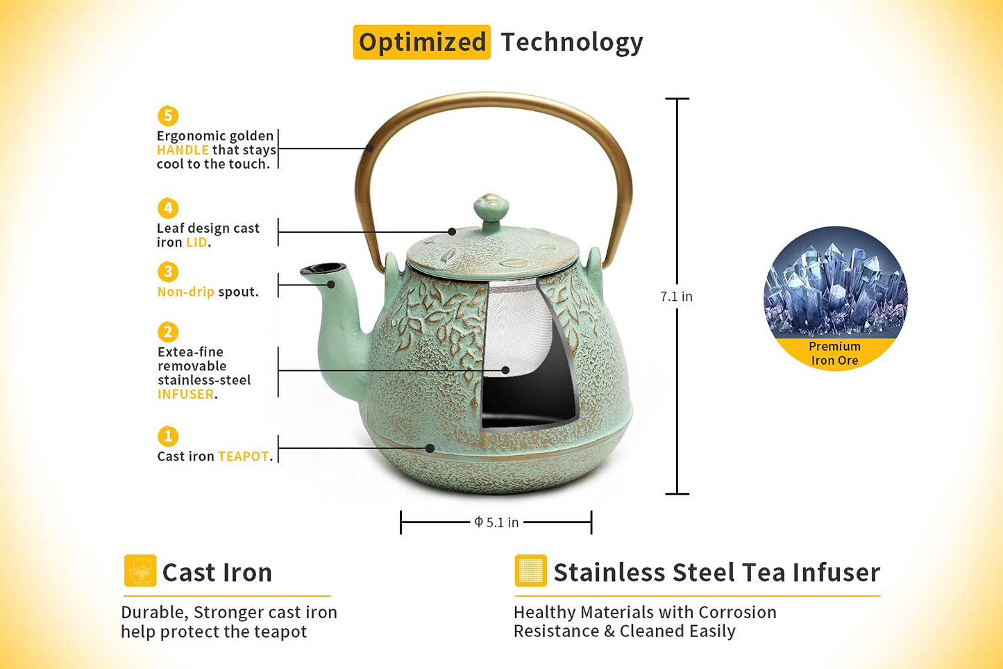 TOPTIER Japanese Teapot with Stainless Steel Infuser, Cast Iron Tea Kettle Stovetop Safe, Leaf
