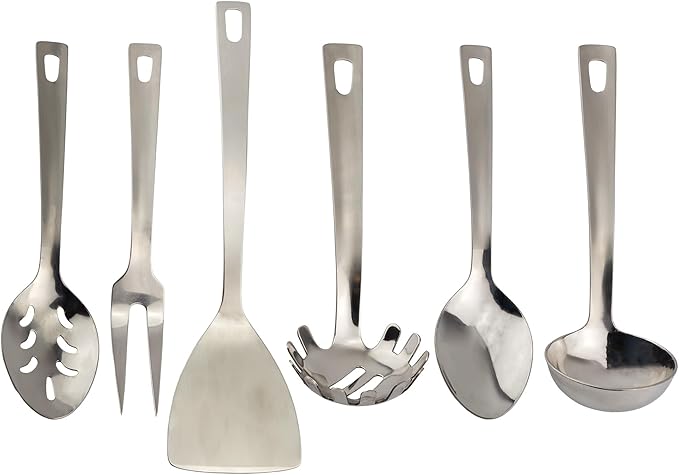 Darware Complete Serving Set (6-Piece, Silver); w/Pasta Server, Fork, Slotted Spoon, Ladle, & Cake/Casserole Server