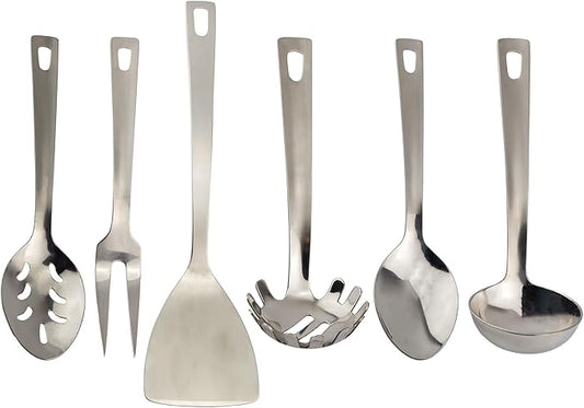 Darware Complete Serving Set (6-Piece, Silver); w/Pasta Server, Fork, Slotted Spoon, Ladle, & Cake/Casserole Server