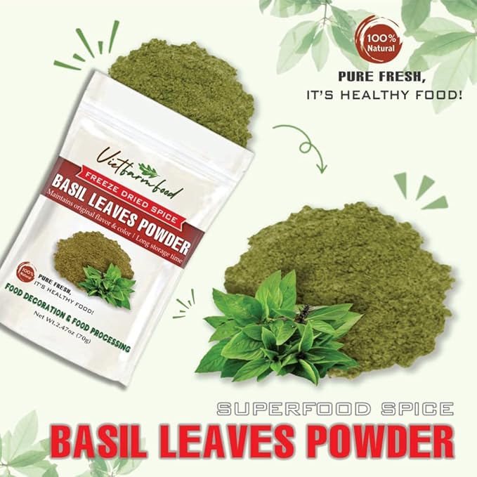 BASIL LEAVES POWDER 2.47 Oz (70g) VIETFARMFOOD: Pure, natural freeze-dried spice made from real vegetables and fruits - perfect for enhancing every meal, from cooking, baking, salads, soups, sauces