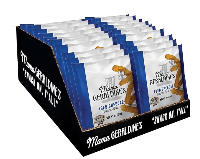 Mama Geraldine's - Aged Cheddar Cheese Straws - 1 Ounce Bag, 24 Pack - Crisps, Chips, Gourmet Baked Snacks, Bite Sized Cheese Straw Snacks for Appetizer