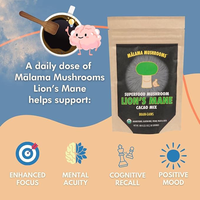 Malama Organic Mushroom Hot Cacao Mix, Lion's Mane Mushroom Powder with Fair Trade Cacao for Focus, Memory, & Immune Support ??Vegan Supplement & Superfood, Non GMO, 3.5 oz (50 Servings)