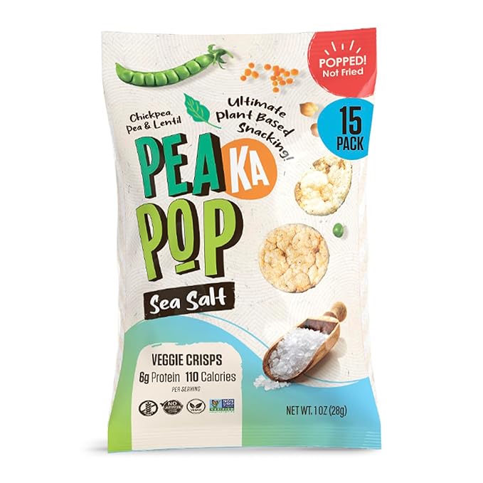 PeaKaPop Veggie Chips ??Plant-Based, Healthy Veggie Crisps with Pea, Lentil & Chickpea Protein ??Vegan, Gluten-Free, Popped Chips ??Snack Size for Kids & Adults ??1 oz Bags (15-Pack) ??Sea Salt