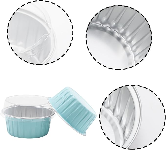 100 Pack 4.2oz Aluminum Cups with Lids Mini Flan Containers with Lids Cupcake Baking Cups, Blue