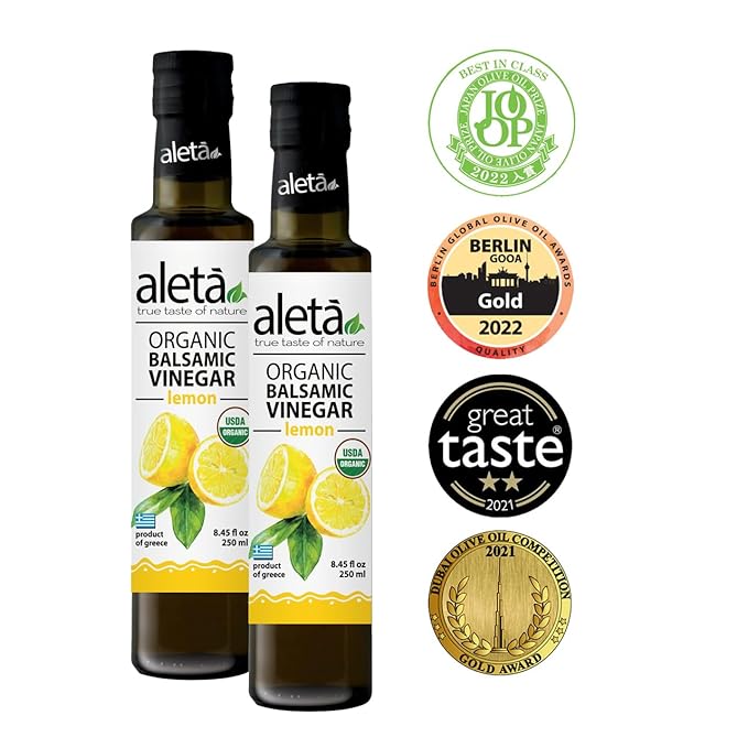 Aleta Farms Balsamic Vinegar, Premium Quality Lemon Infused Balsamic Glaze, USDA Organic, Perfect for Salad Dressings, Pasta, Desserts & Finishing Touches, Made in Greece, 8.45 fl oz (Lemon)
