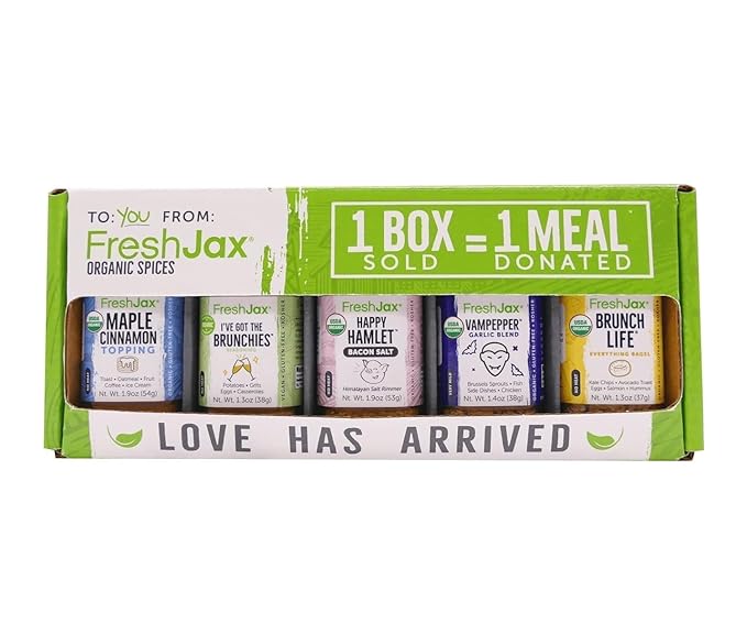 FreshJax Breakfast Seasoning Gift Set ??5 Organic Spices: Maple Cinnamon, Brunch, Bacon Salt, Garlic Blend, Everything Bagel ??Gift Set for Dads
