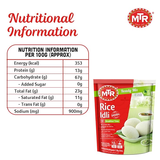 MTR Instant Rice Idli Mix - Ready to Cook Authentic Indian Breakfast, Lunch, Dinner or Snack Meal - No Added Preservatives - A Quick & Easy Recipe Suitable for Vegetarians - (500g, Pack of 1)
