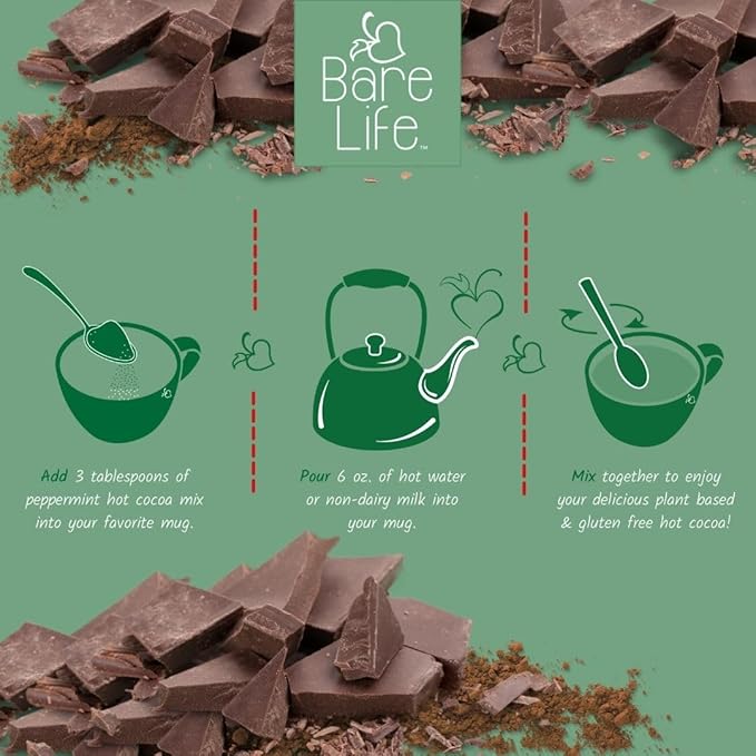 Bare Life: Instant Dairy Free Peppermint Hot Cocoa Mix - 10 Serving Pouch | Gluten Free, Vegan, Organic, Plant Based, Paleo, Soy Free, Corn Free, Lactose Free, Refined Sugar Free, Hot Chocolate, 9.52 oz.