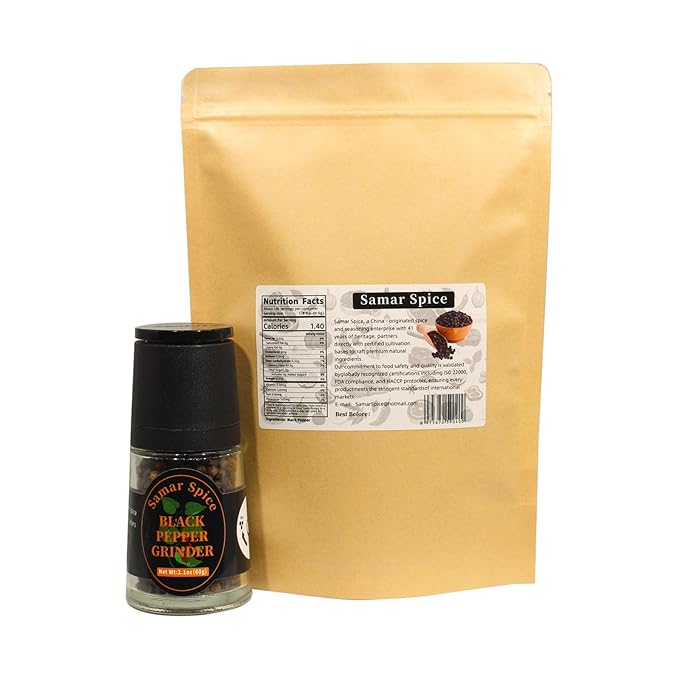 Whole Black Peppercorns with Adjustable Grinder(2.1oz+16oz) & Refill Pack | Restaurants & Home Cooks | Enhances Meat, Beef, Steak & Meat Lovers' Dishes (60g+453g)