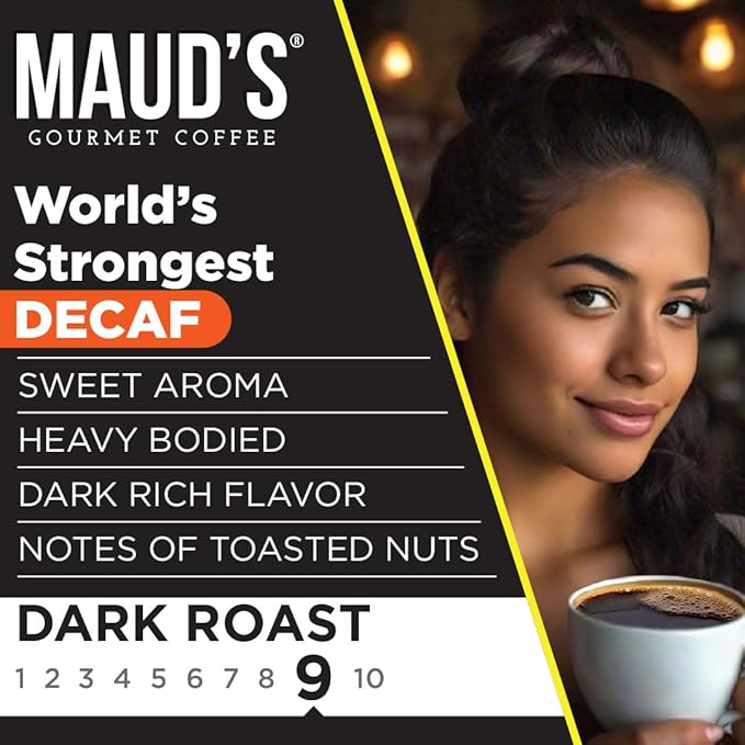 Maud's World's Strongest Decaf Coffee Pods, 18 ct, Decaffeinated Dark Roast Coffee in Recyclable Single Serve Pods – 100% Arabica Coffee, Compatible with Keurig K Cups Maker