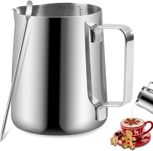 Stainless Steel Espresso Milk Frothing Pitcher - 12OZ/350ML Coffee Milk Frother Cup with Decorating Art Pen for Espresso Machine, Latte Art