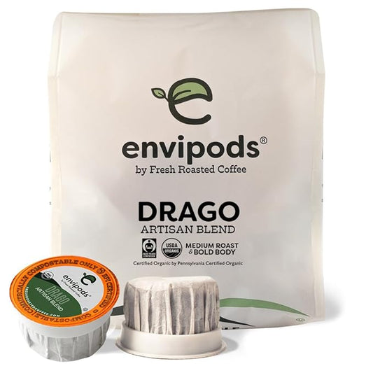 Fresh Roasted Coffee, Organic Drago envipods | BPI Compostable, USDA Organic, Kosher | Med-Roast, 12 Count for K Cup Brewers | Not for use in Ninja or Hamilton Beach Brewers