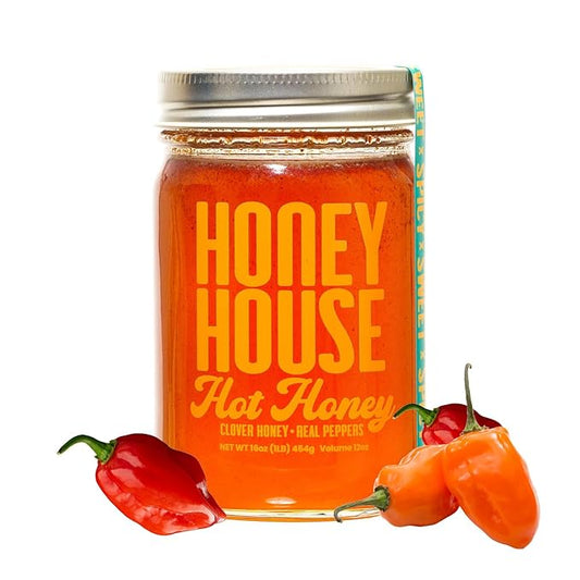 Honey House Hot Honey Premium Spicy Infused with Chili Peppers | 100% Natural with Natural Spices | Gourmet Sweet & Spicy Condiment for Pizza, Ice Cream, Cheese, Chicken, Veggies and More (Pack of 1)
