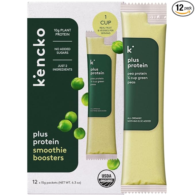 kencko ADD-ON Plus Protein Powder Smoothie Booster - ADD to Smoothies - 10g of Vegan Protein Powder Each - 12 Single Serve Pea Protein Packets - Organic Plant Protein