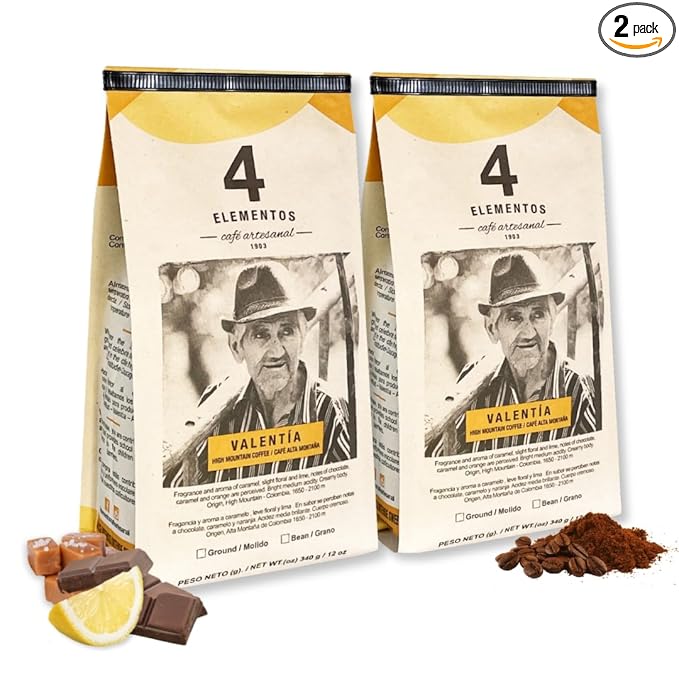 4 Elementos | Whole Bean Specialty Coffee, Medium Roast, 100% Arabica from Colombia, Chocolate, Caramel & Orange Notes, 12oz (Pack of 2)