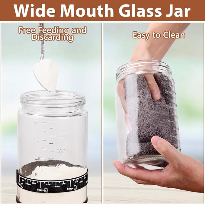 40oz Large Sourdough Starter Jar Glass Kit Wide Mouth with Black Silicone Spatula, Aluminum Lid, Cloth Cover, Date Marked Band, Thermometer (#1p 40oz with Black)
