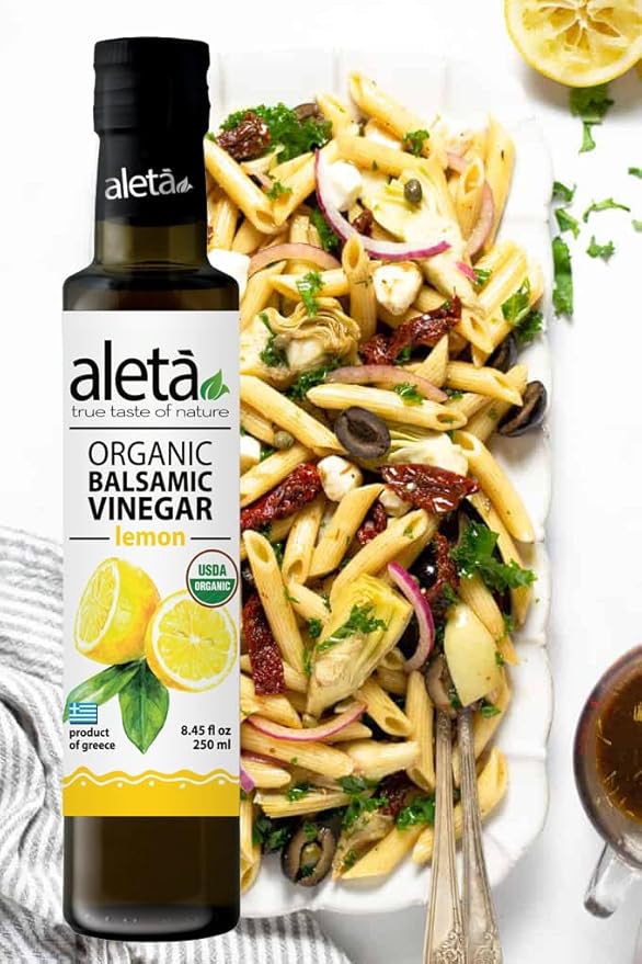 Aleta Farms Balsamic Vinegar, Premium Quality Lemon Infused Balsamic Glaze, USDA Organic, Perfect for Salad Dressings, Pasta, Desserts & Finishing Touches, Made in Greece, 8.45 fl oz (Lemon)