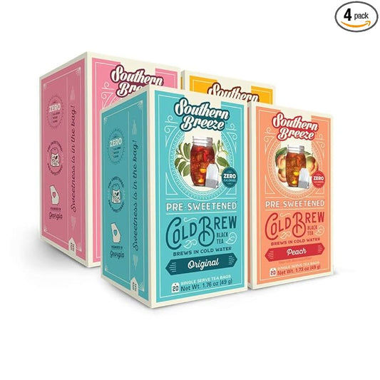 Southern Breeze Cold Brew Sweet Tea Variety Pack Iced Tea with Black Tea and Zero Carbs Zero Sugar, 20 Individually Wrapped Tea Bags, Pack of 4 Original, Raspberry, Peach, and Half & Half