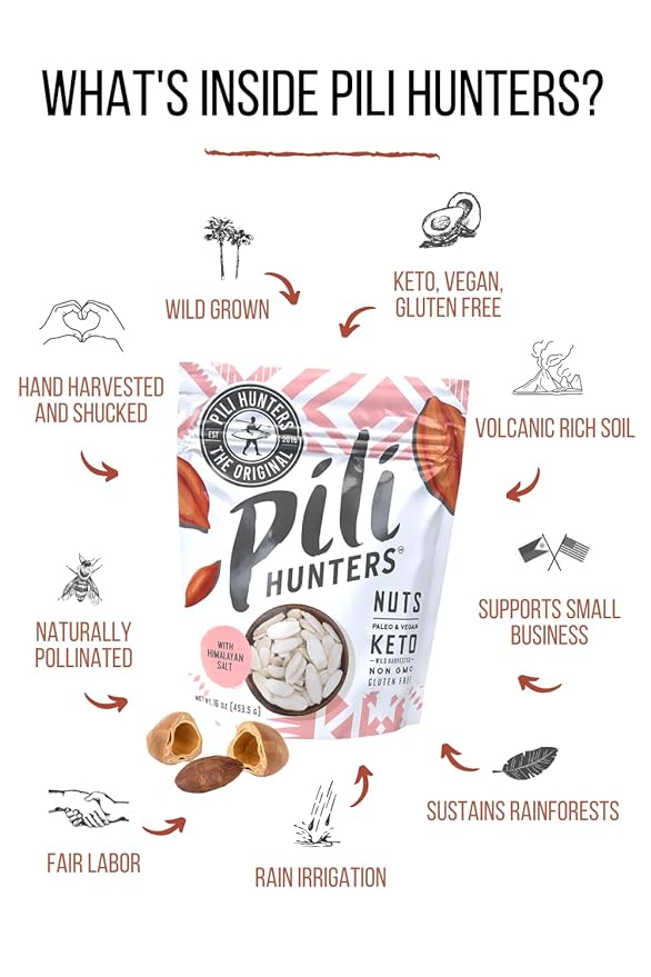 Pili Hunters - Wild Sprouted Pili Nuts, Pink Himalayan Salt, 5oz Bag, Keto/Paleo/Vegan Snacks, Low Carb Energy, Gluten Free, No Sugar Added, Superfood, The Original