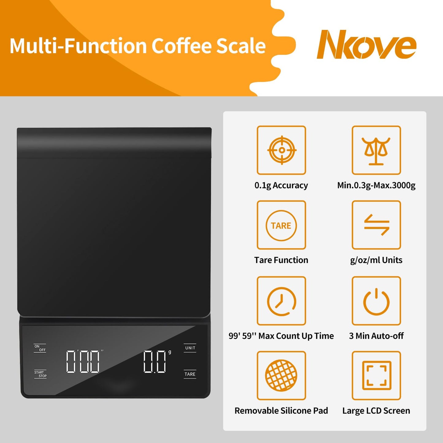 NKOVE Coffee Scale with Timer, 0.1g High Precision Espresso Scale 3kg