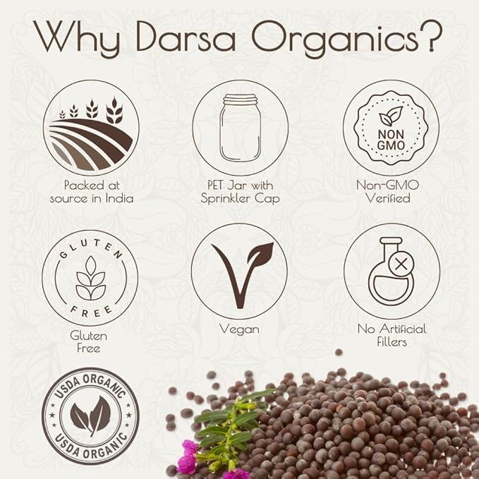Darsa Organics Black Mustard Seeds 5.3 oz - Premium Quality USDA Organic Certified Black Mustard Seeds for Pickles, Curries, & Spice Blends, Non-GMO, Gluten-Free, Kosher packed in a BPA Free Jar