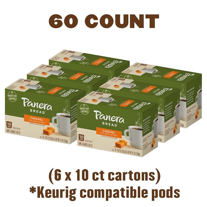 Panera Bread Caramel Light Roast Coffee, Single Serve 60 Count Pods (6 Packs of 10)