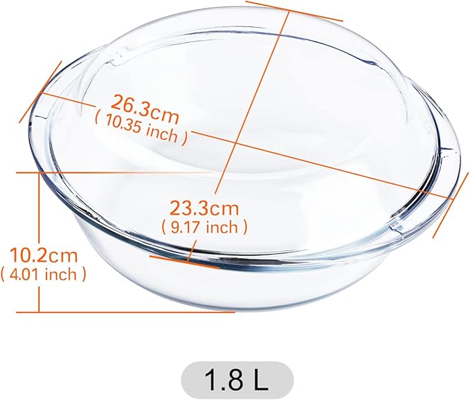 Round Glass Casserole Dish with Glass Lid, Nesting Glass Baking Dish, Heat, Cold and Shock Proof, Oven, Freezer and Dishwasher Safe (1.8L)