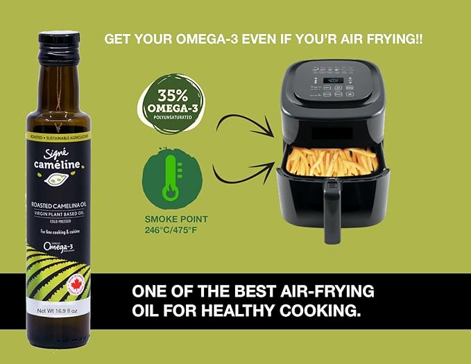 Signé Caméline, Cold-Pressed Roasted Camelina Oil, 16.90 fl oz. Sesame oil substitute. Notes of Roasted hazelnuts, Asian cuisine, Ramen noodles, Sushi, Sautés. Product of Canada.
